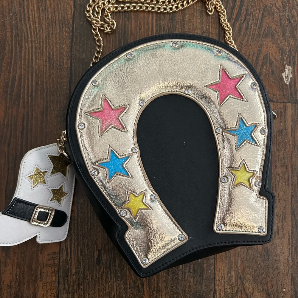 Betsey Johnson Black and Gold Horseshoe Bag